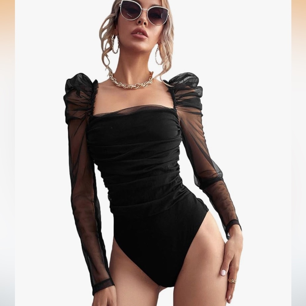 Elegant Black Sheer Sleeve Bodysuit